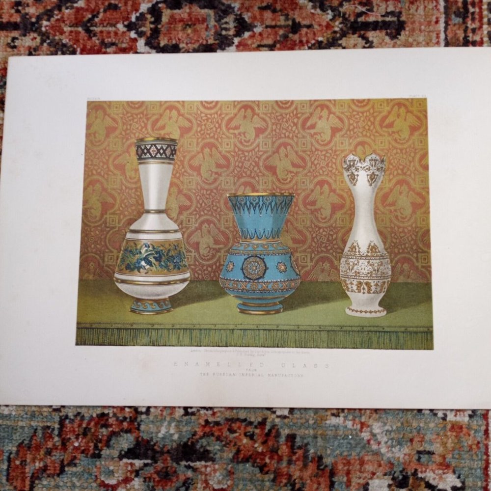 Vintage lithograph Print Enameled Glass Vases. Russia